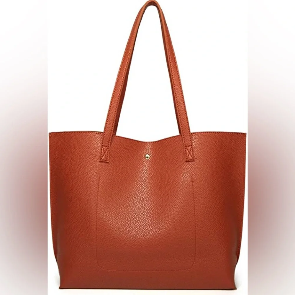 BRICK RED SOFT FAUX LEATHER TOTE SHOULDER BAG - Picture 2 of 5